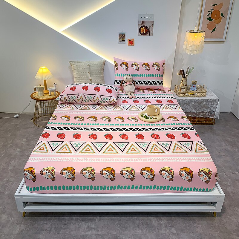 Premium Cotton Elastic Fitted Bed Sheet – Non-Slip Geometric Printed Bed Linen for Queen & King Size Beds