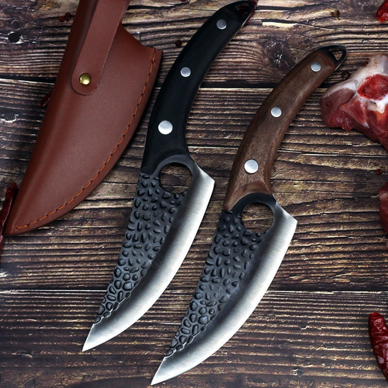 Professional Handmade Forged Butcher Knife - 5.5" High Clad Steel Boning Knife with Leather Sheath (Serbian Style Chef Knife)