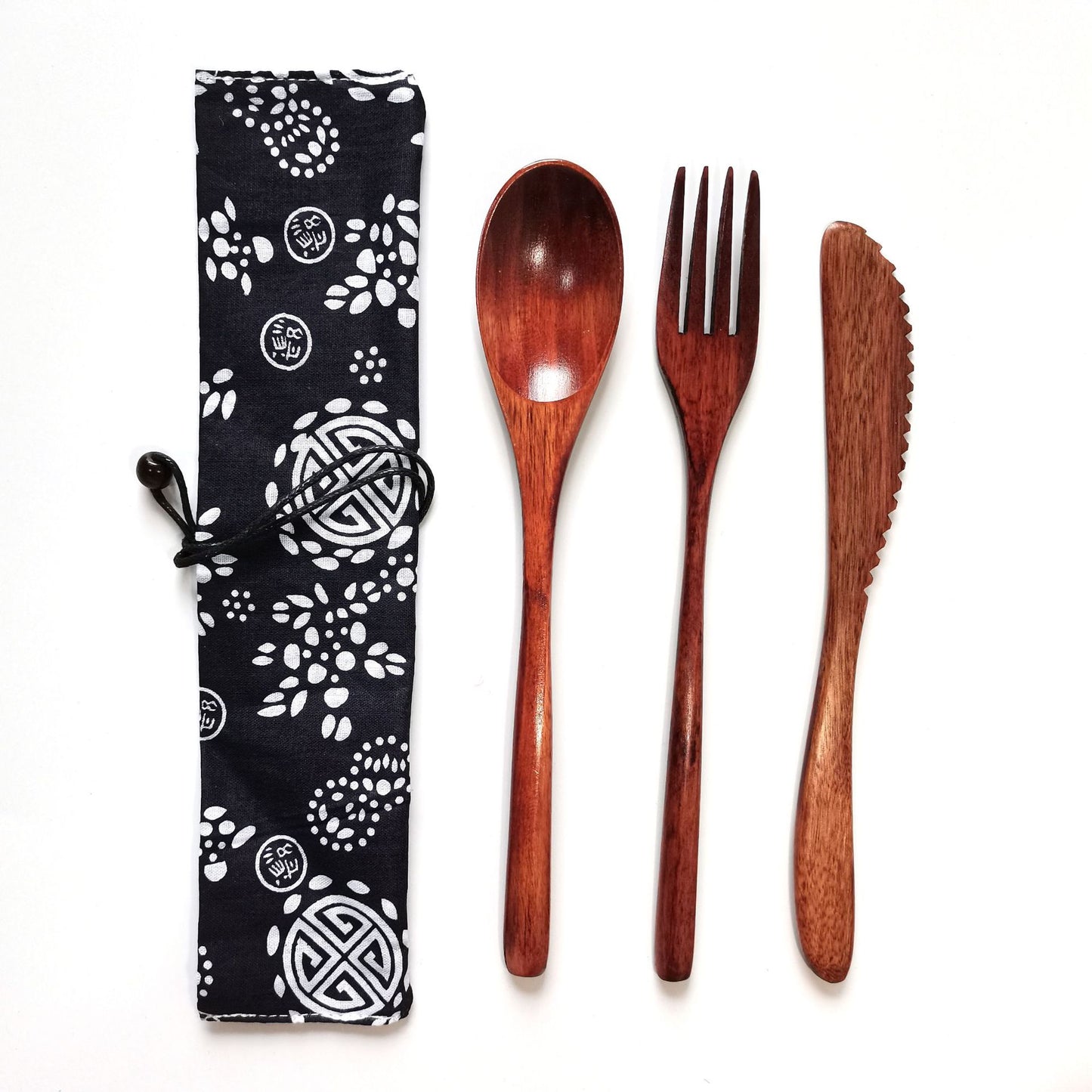 Japanese Style 3-Piece Portable Wooden Cutlery Set with Pouch