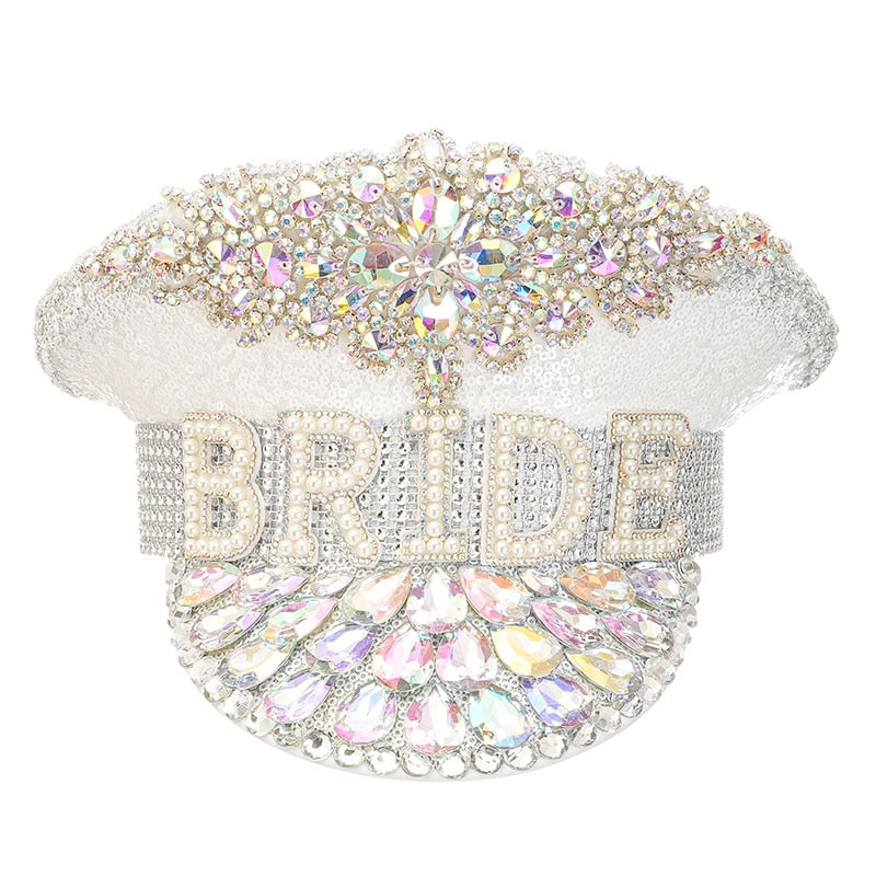 Luxury Handmade "BRIDE" Rhinestone Captain Hat - Sparkling Sequined Wedding & Party Cap