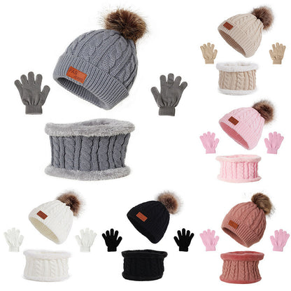 Toddler Autumn Winter Warm Beanie Set with Faux Fur Pom Pom