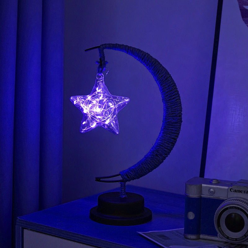 LED Star in Moon Night Light with Hemp Rope and Iron Art Base
