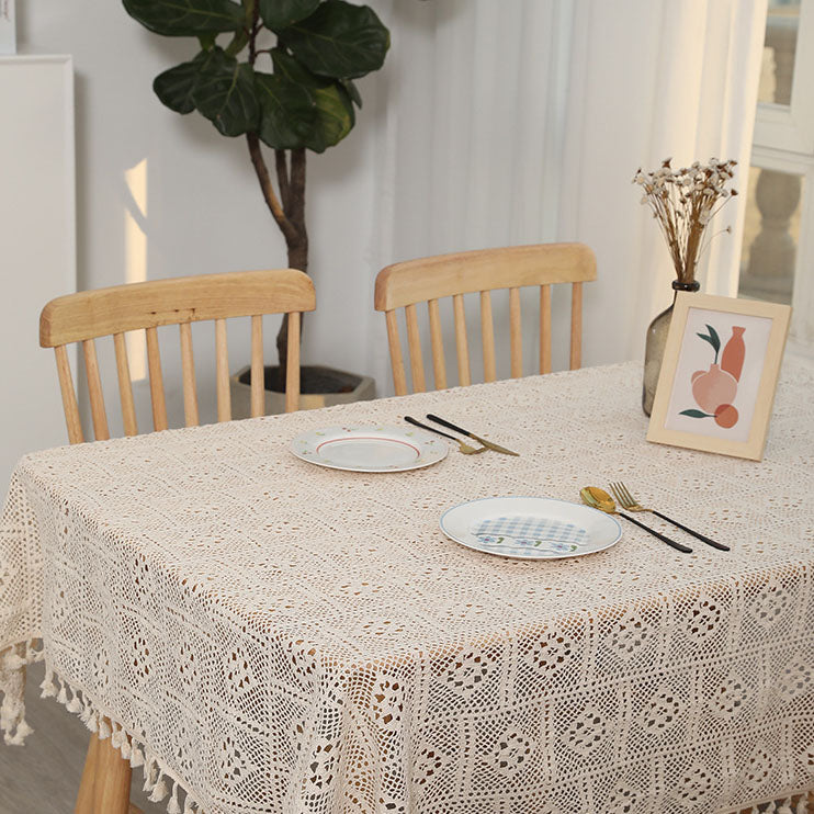 Vintage Cotton Linen Tassel Tablecloth – Pastoral Hollow Lace Round Table Cover for Dining & Coffee Tables