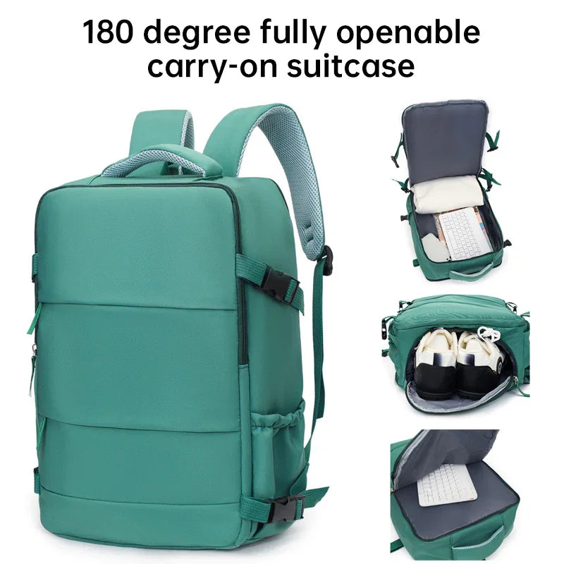 Green 180 degree openable carry-on backpack suitcase with organized compartments for travel essentials.