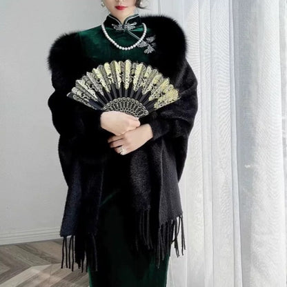 Autumn Winter Women's Faux Fur Collar Knitted Cape Cardigan | Solid Color Poncho