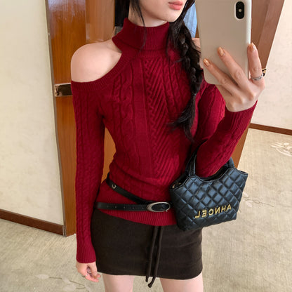 Sexy High Neck Off-Shoulder Cable Knit Sweater – Unique Fitted Cold Shoulder Pullover for Women