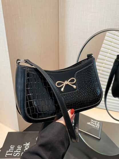 Elegant Crocodile Pattern PU Leather Shoulder Bag with Bow Detail