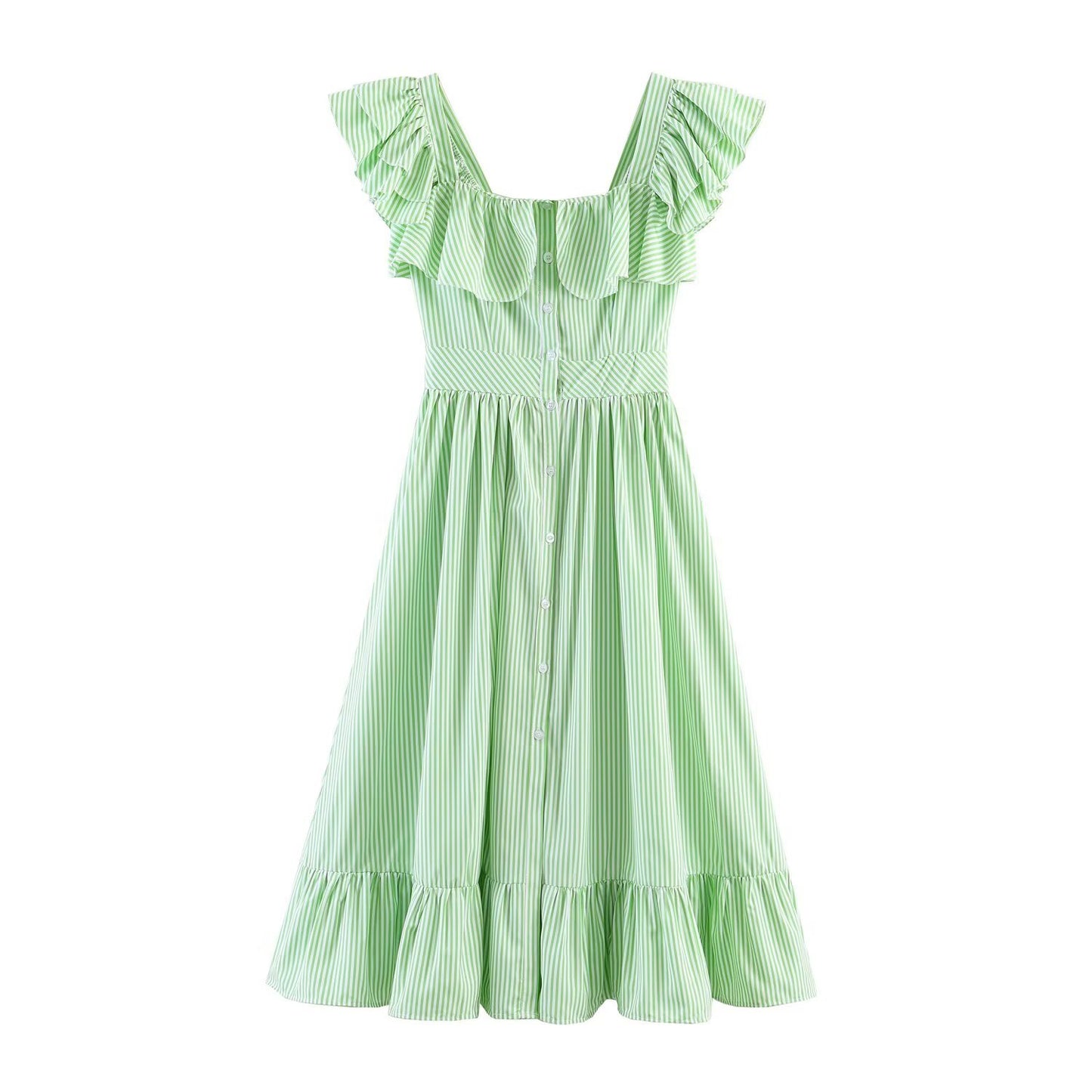 Single Breasted Striped Midi Dress - Ruffle Edge Waist Cinched Dress