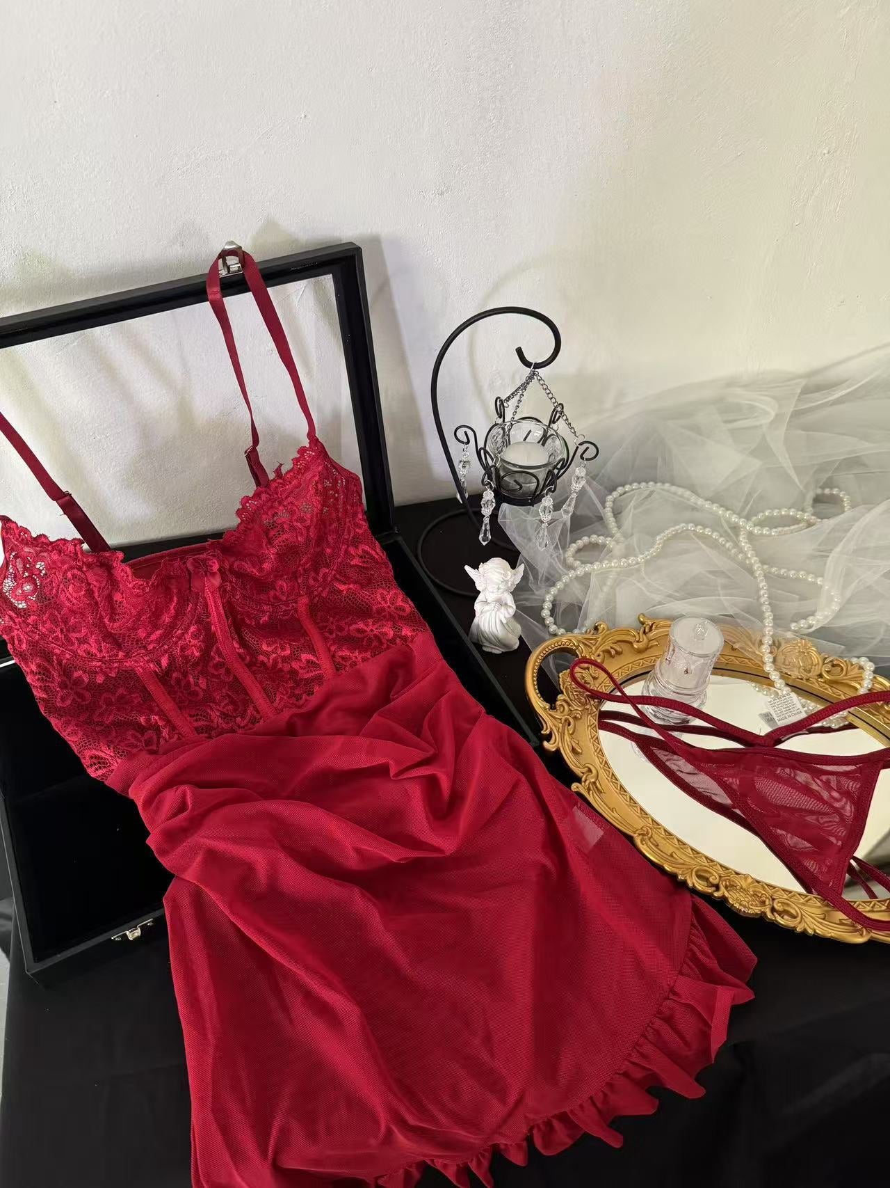 Red Sensual Lingerie with Lace Bodice & Ruffle Mini Skirt Set