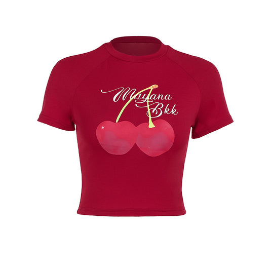 Cherry Graphic Shoulder Sleeves Slim Fit Crop T-Shirt | Exposed Navel Versatile Top