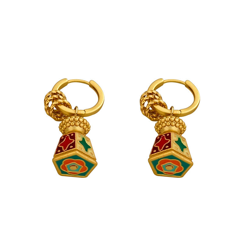 Chinese Retro Enamel Lantern Drop Hoop Earrings