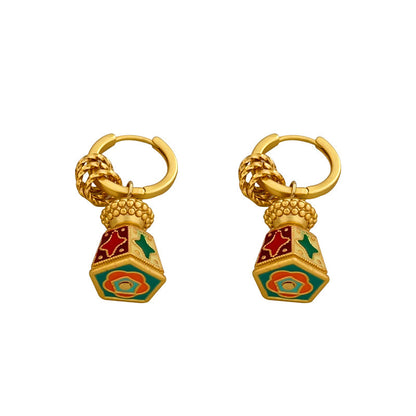 Chinese Retro Enamel Lantern Drop Hoop Earrings