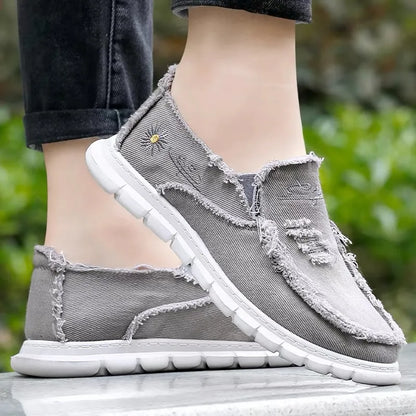 Women's Raw Edge Canvas Slip-Ons - Comfortable Round Toe Embroidery Flat Shoes