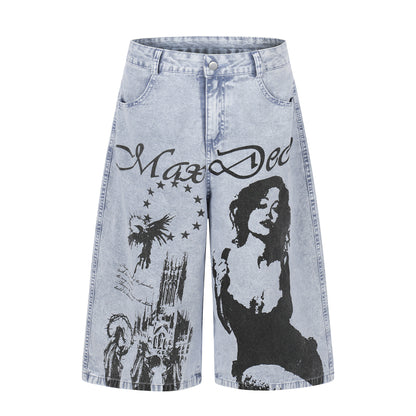 Urban Aesthetic Graphic Print Wide Leg Jeans - High Street Washed Denim Culottes