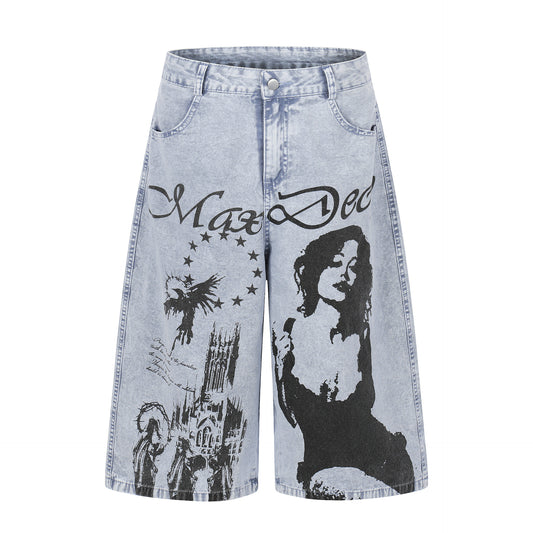 Urban Aesthetic Graphic Print Wide Leg Jeans - High Street Washed Denim Culottes