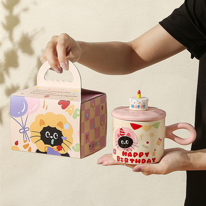 Adorable Cartoon Cat Birthday Ceramic Mug with Lid and Gift Box