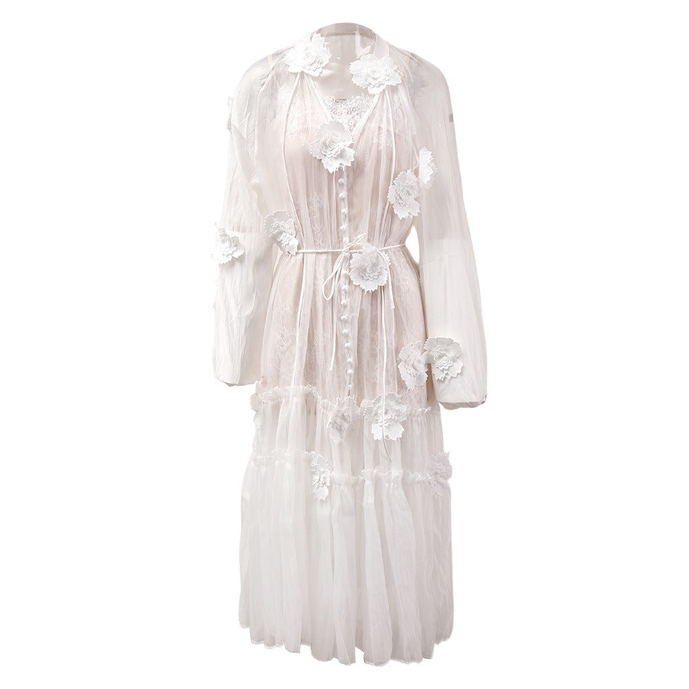 Luxury 3D Floral Patchwork White Cardigan Dress - Elegant Lace-Up Mesh Maxi Skirt for Women