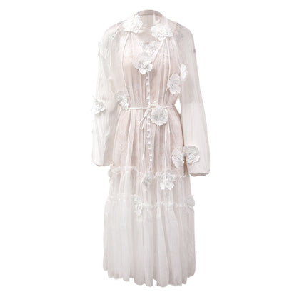 Luxury 3D Floral Patchwork White Cardigan Dress - Elegant Lace-Up Mesh Maxi Skirt for Women