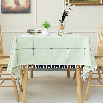 Nordic Jacquard Cotton Linen Tablecloth – Elegant Pink Long Stripe Table Cover with Decorative Tassels