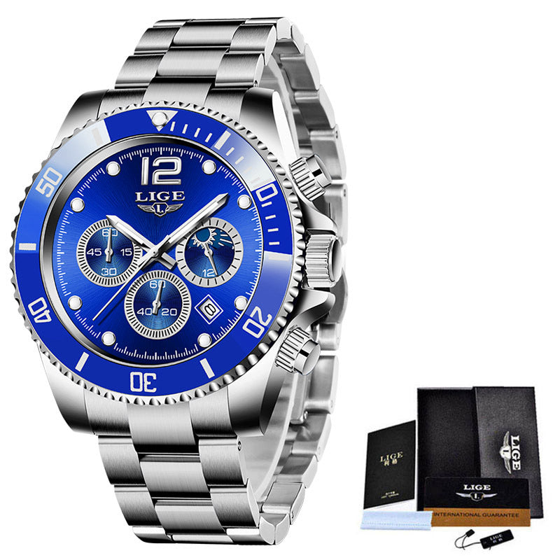 LIGE Luxury Men's Chronograph Quartz Watch - Waterproof Stainless Steel Sports Wristwatch