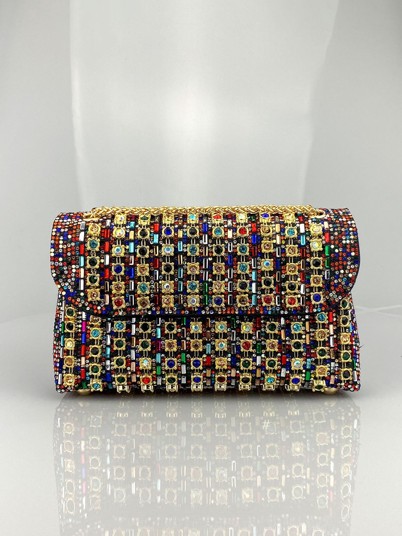 Elegant Black and Gold Chain-Adorned Evening Clutch Bag with Long Strap