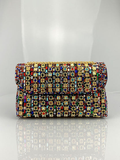 Elegant Black and Gold Chain-Adorned Evening Clutch Bag with Long Strap