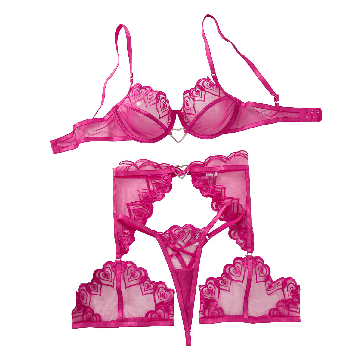 Hot Pink Lace 4-Piece Lingerie Set with Leg Straps
