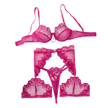 Hot Pink Lace 4-Piece Lingerie Set with Leg Straps