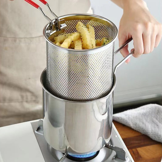 Japanese Style Mini Deep Fryer Pot with Filter Basket - Stainless Steel Oil-Saving Small Frying Pot for French Fries & Chicken
