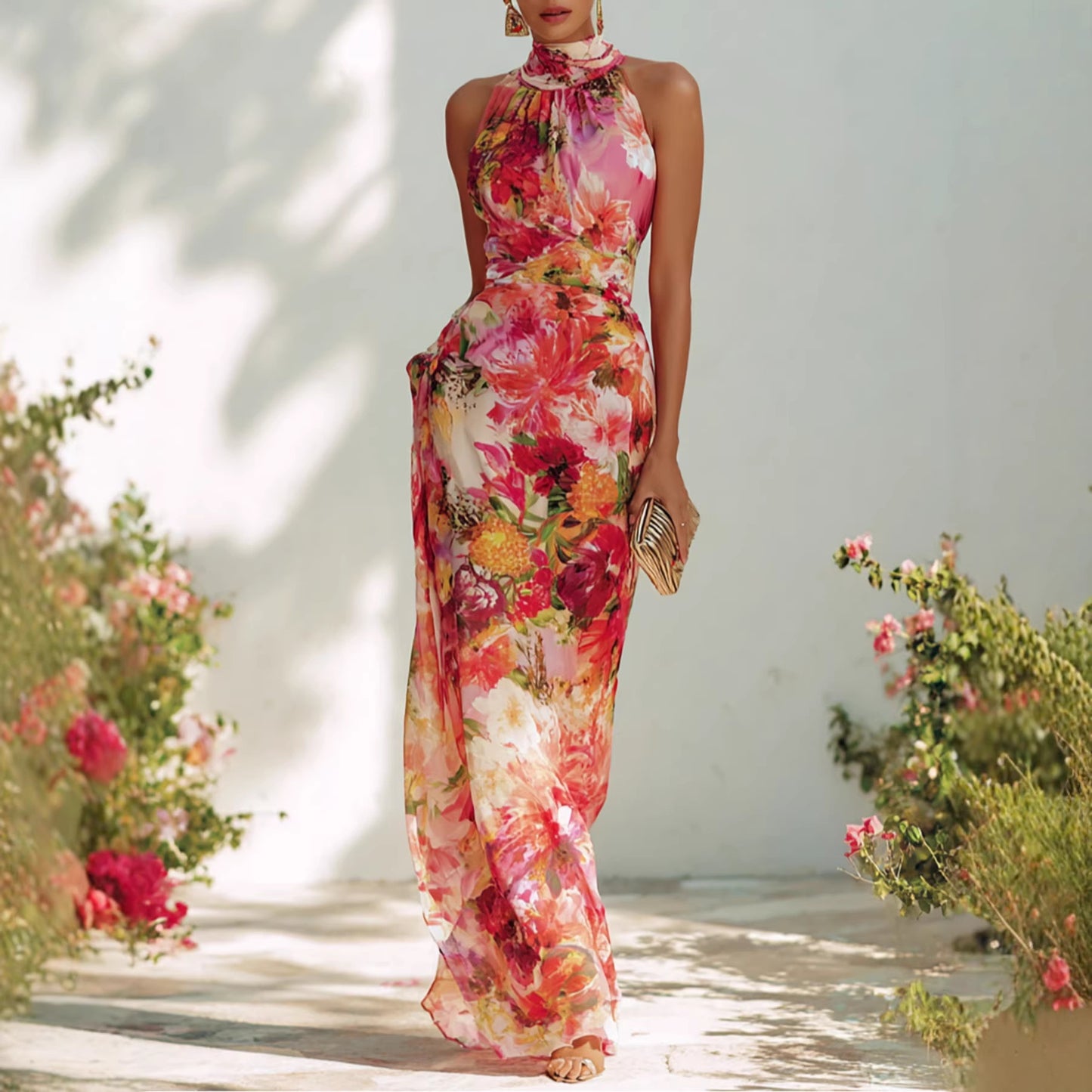 Women's Elegant Floral Halter Neck Dress - Sleeveless Fitted Chiffon Maxi Gown