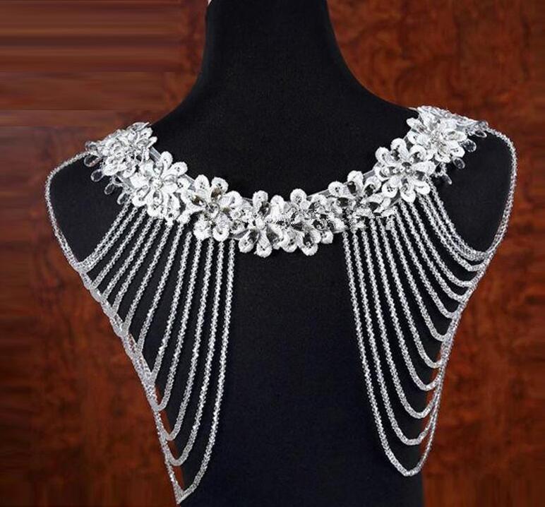 White Crystal Beaded Wedding Bolero / Rhinestone Tassel Shoulder Wrap Applique for Bridal Gown or Evening Dress
