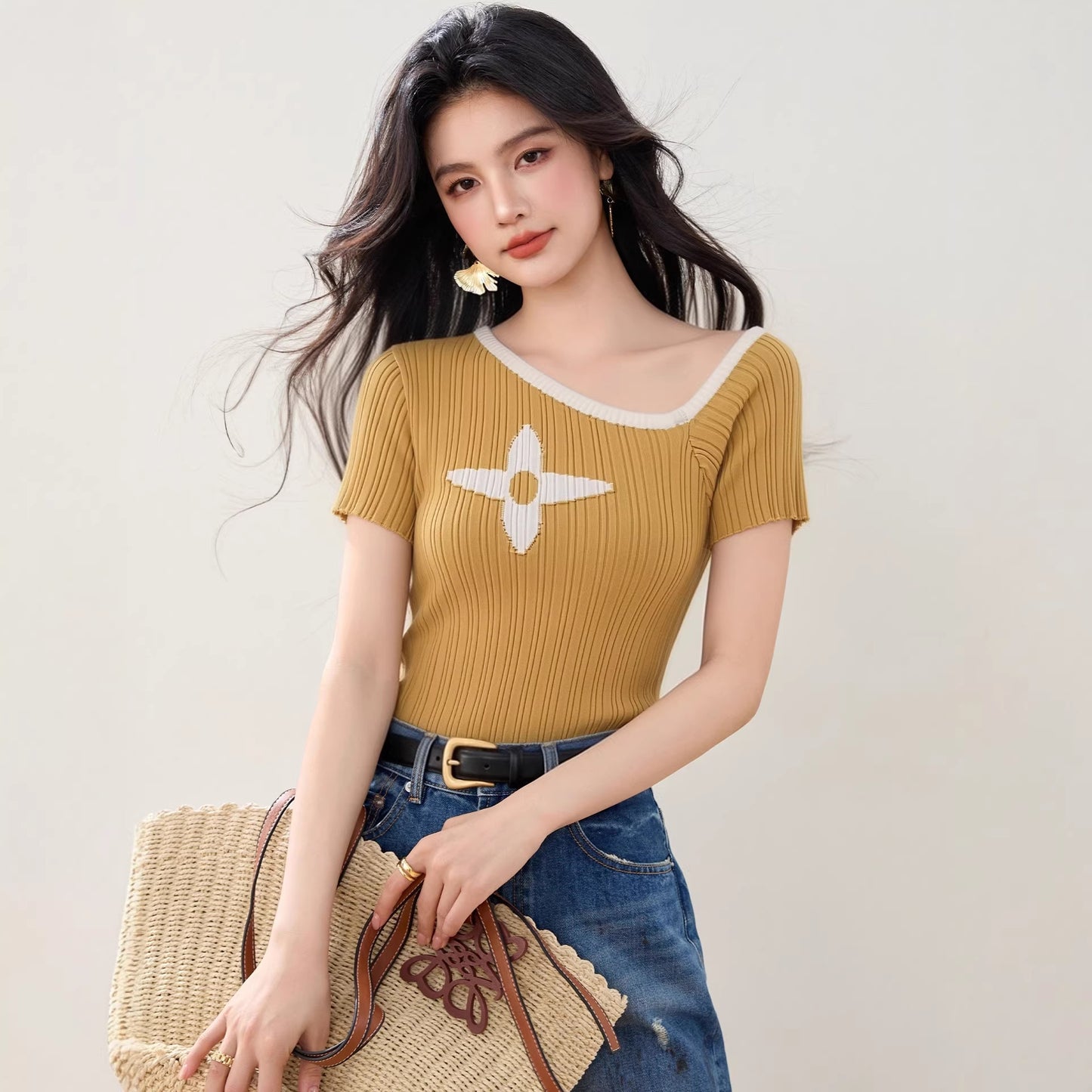 Cute Short Sleeve Asymmetrical Knit Top - Unique Summer Fashion Design Tee for Women