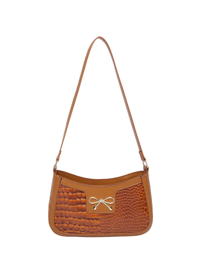 Elegant Crocodile Pattern PU Leather Shoulder Bag with Bow Detail