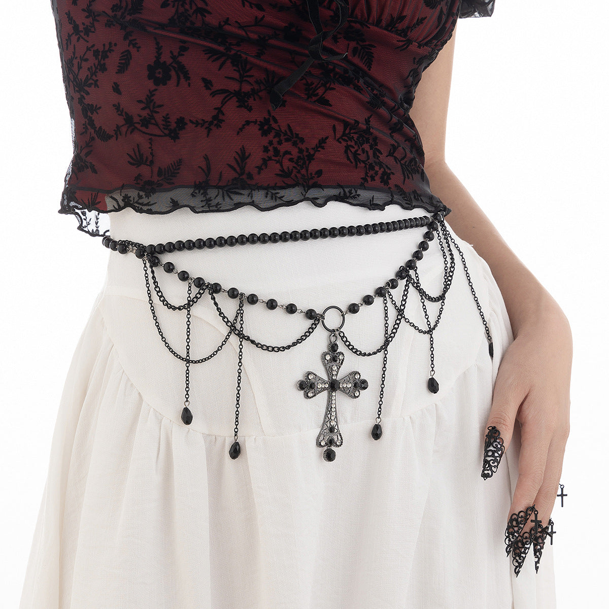 Gothic Multi-Layer Cross & Crystal Tassel Waist Chain - Dark Wind Body Jewelry