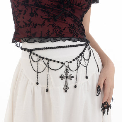 Gothic Multi-Layer Cross & Crystal Tassel Waist Chain - Dark Wind Body Jewelry