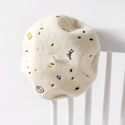 Cute Dinosaur Embroidery Wool Beret - Korean Style Winter Artist Hat for Women & Girls