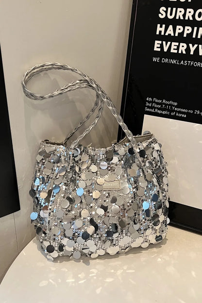 Sparkly Silver Sequin Bag with Braided Shoulder Strap (Hobo Style)