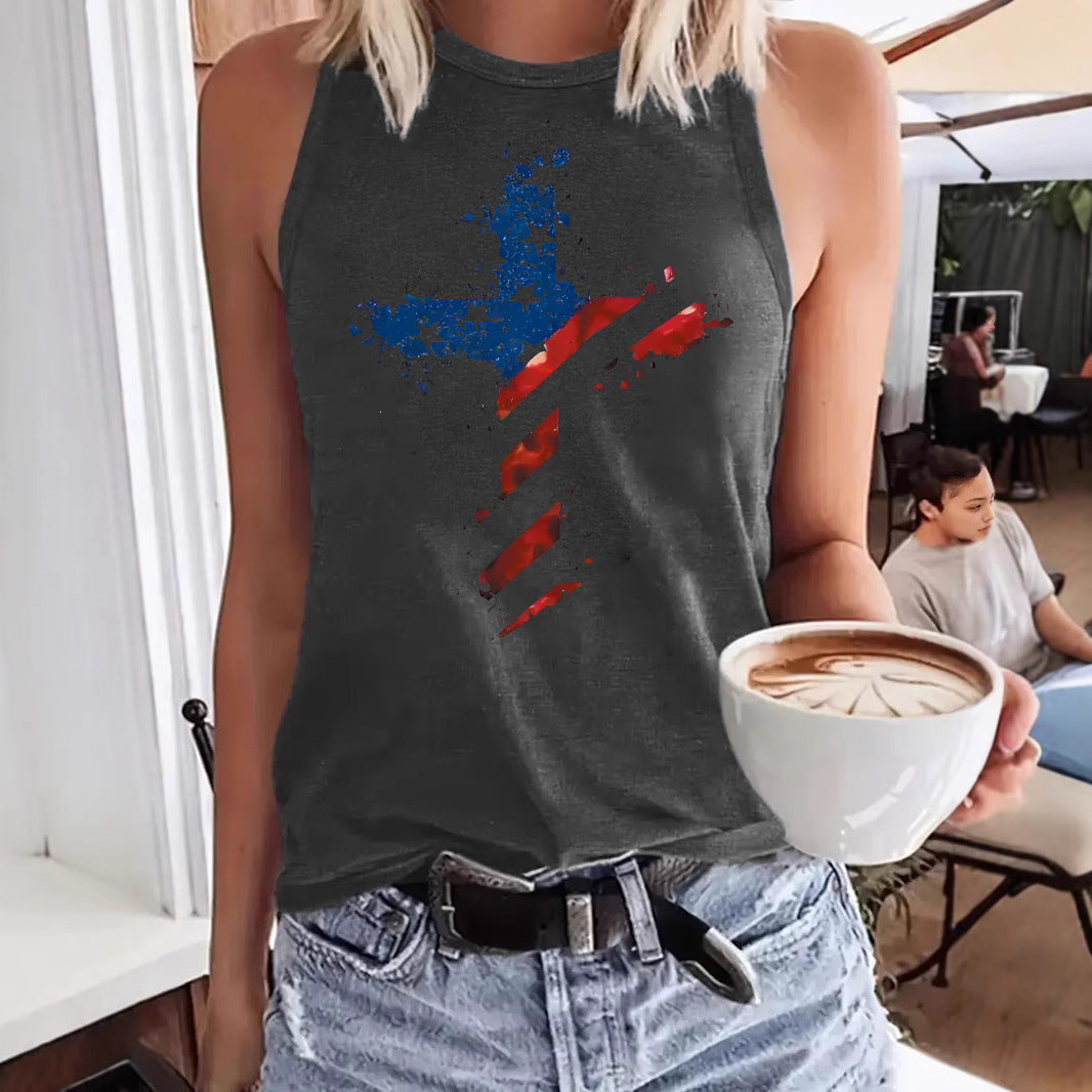 Sleeveless Top T-Shirt Round Neck Pullover | Patriotic American Flag Cross Graphic Tank