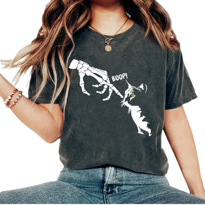 Women's Hand Cat Skull Pattern Printed Round Neck Short Sleeve T-Shirt | Gothic Graphic Tee