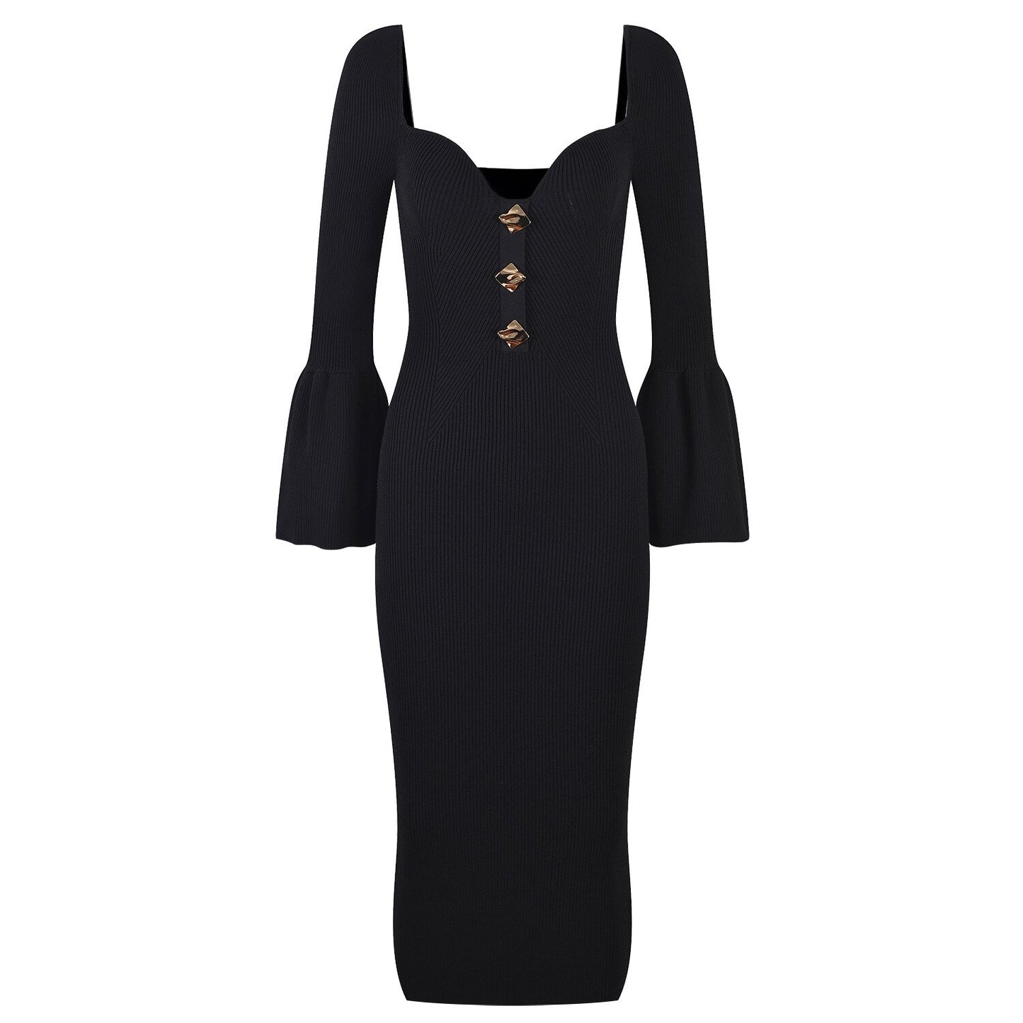 Elegant Knitted Heart-Collar Long Sleeve Dress - European Style Slim Fit Midi Skirt with Decorative Buttons