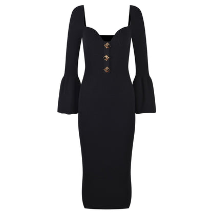 Elegant Knitted Heart-Collar Long Sleeve Dress - European Style Slim Fit Midi Skirt with Decorative Buttons