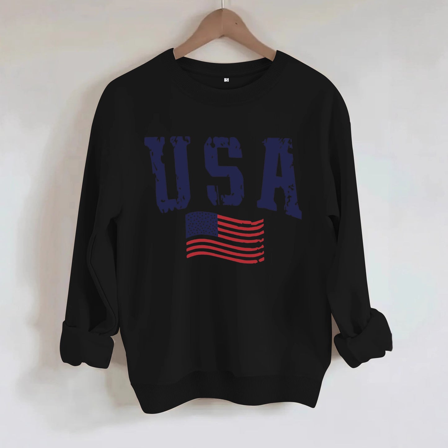 USA Flag Distressed Print Grey Sweatshirt | Unisex Round Neck Sports Pullover