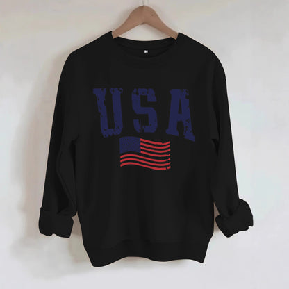 USA Flag Distressed Print Grey Sweatshirt | Unisex Round Neck Sports Pullover