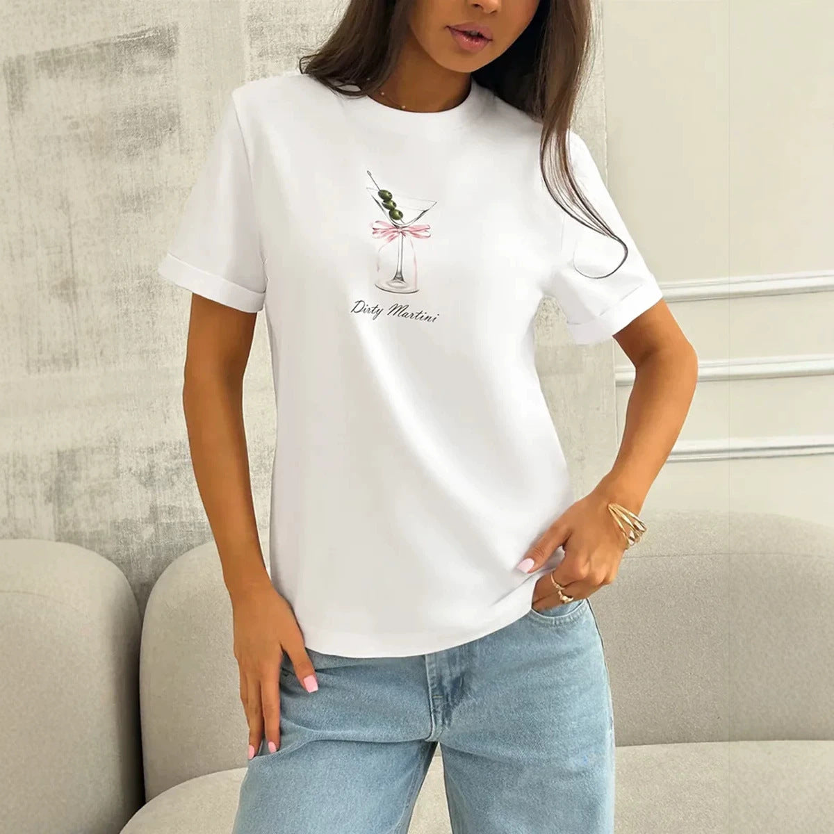 Dirty Martini" Cocktail Graphic Printed Loose Round Neck T-Shirt