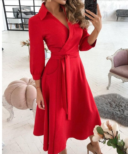 Elegant V-Neck Wrap Midi Dress - Chic Long Sleeve Office & Party Wear for Women
