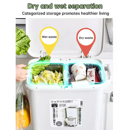 42L Kitchen Trash Can 3 Compartments with Pedal & Wheels