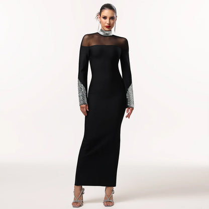 Elegant High-Neck Long Sleeve Maxi Dress – Glamorous Sheer Mesh Detail Sequined Party Gown for Women