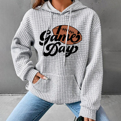 Waffle Knit "Game Day" Football Printed Hoodie | Black Hooded Sweatshirt for Women