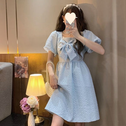 Elegant Square Neck White Bow Mini Dress - Sweet Fairy Style Puff Sleeve Cake Skirt for Women