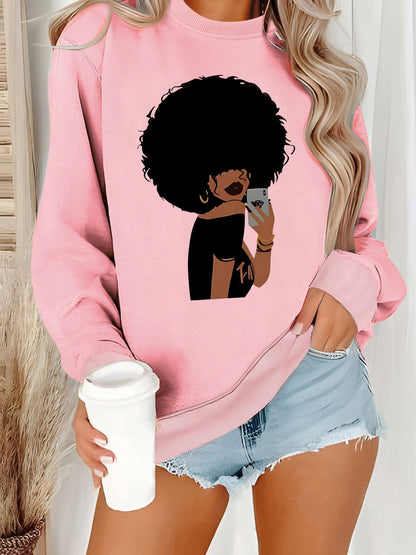 Afro Woman Portrait Print Sweatshirt | Stylish Orange Crewneck Pullover for Women